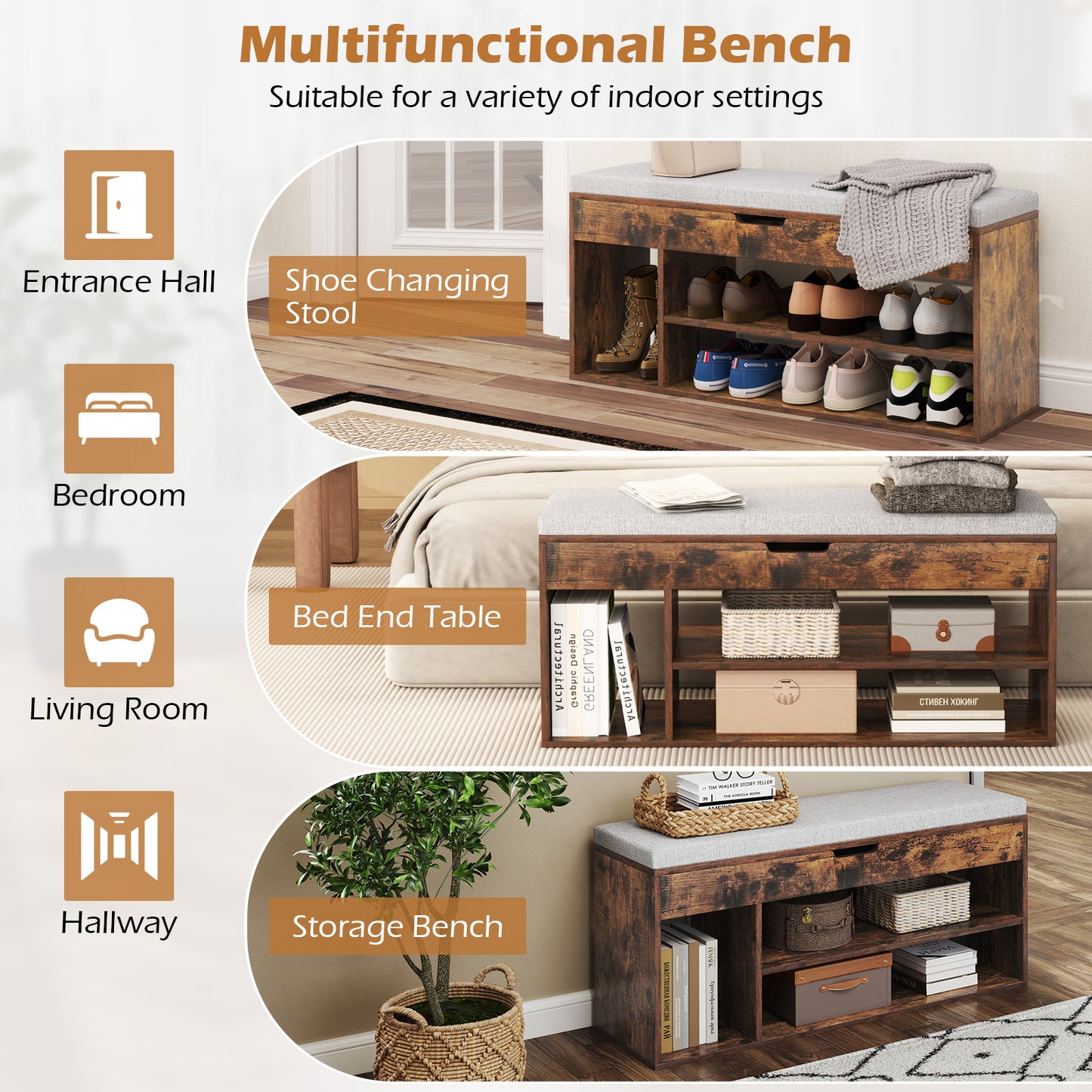 Shoe Bench with Padded Seat and Hidden Storage Home Entryway Shoes rack-Brown