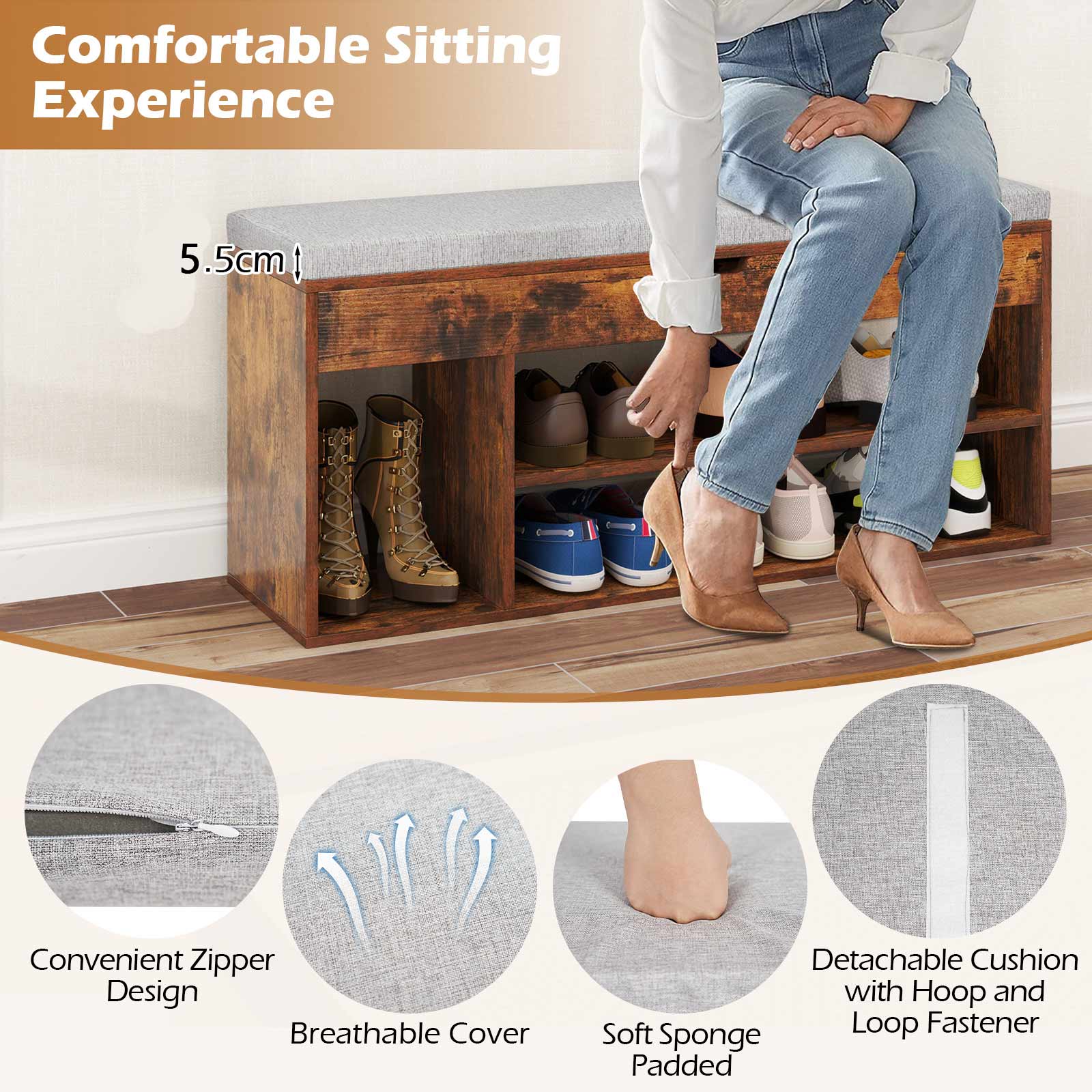 Shoe Bench with Padded Seat and Hidden Storage Home Entryway Shoes rack-Brown