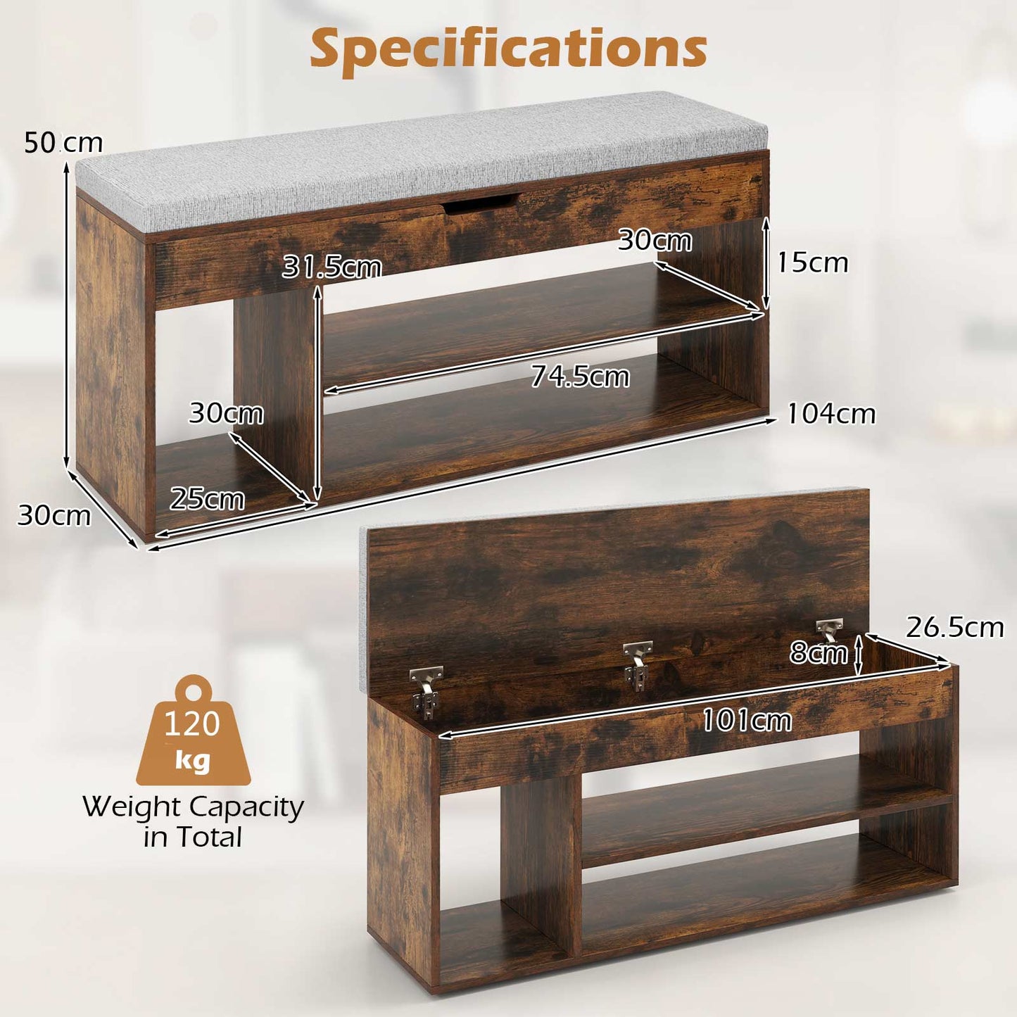 Shoe Bench with Padded Seat and Hidden Storage Home Entryway Shoes rack-Brown