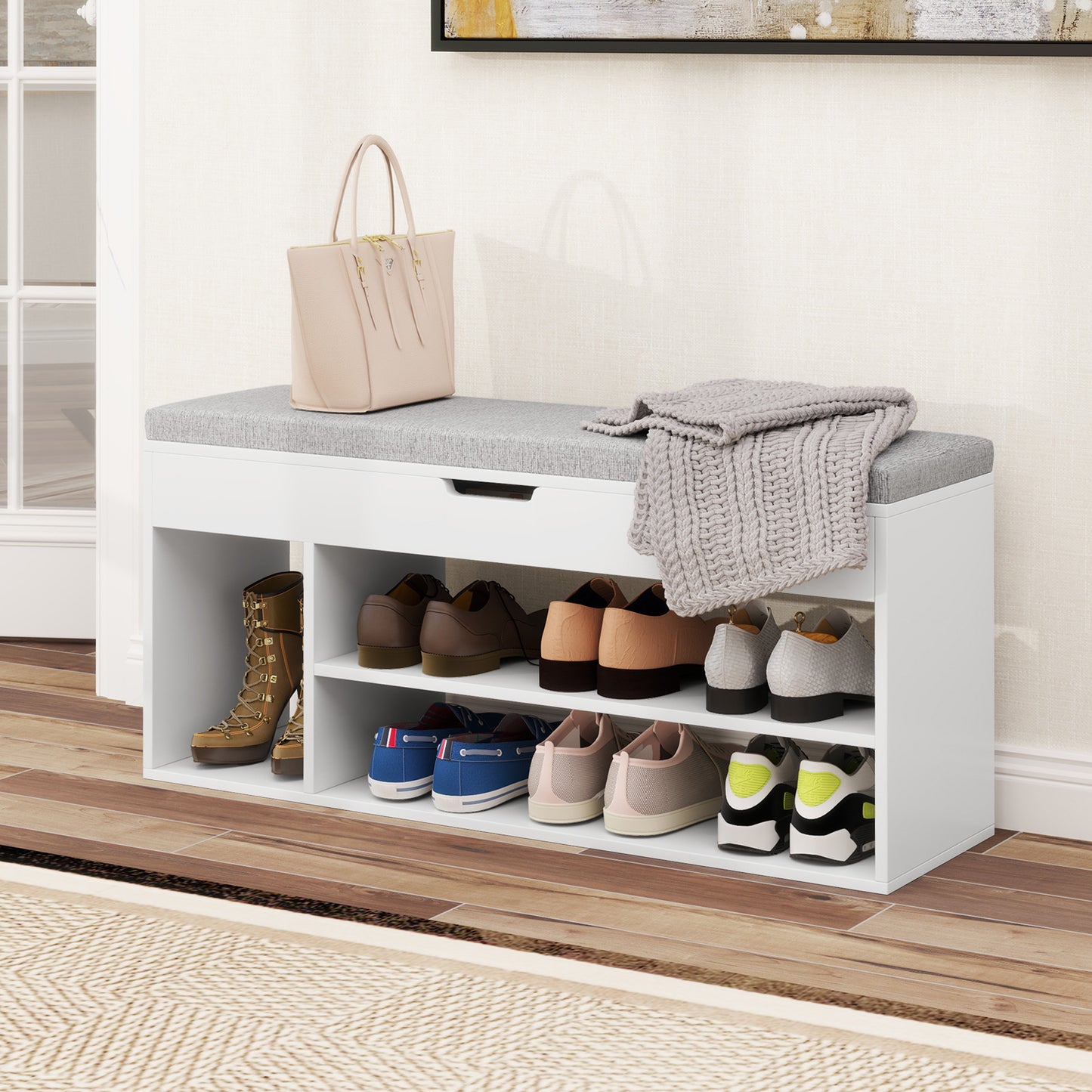 Shoe Bench with Padded Seat and Hidden Storage Home Entryway Shoes rack-White