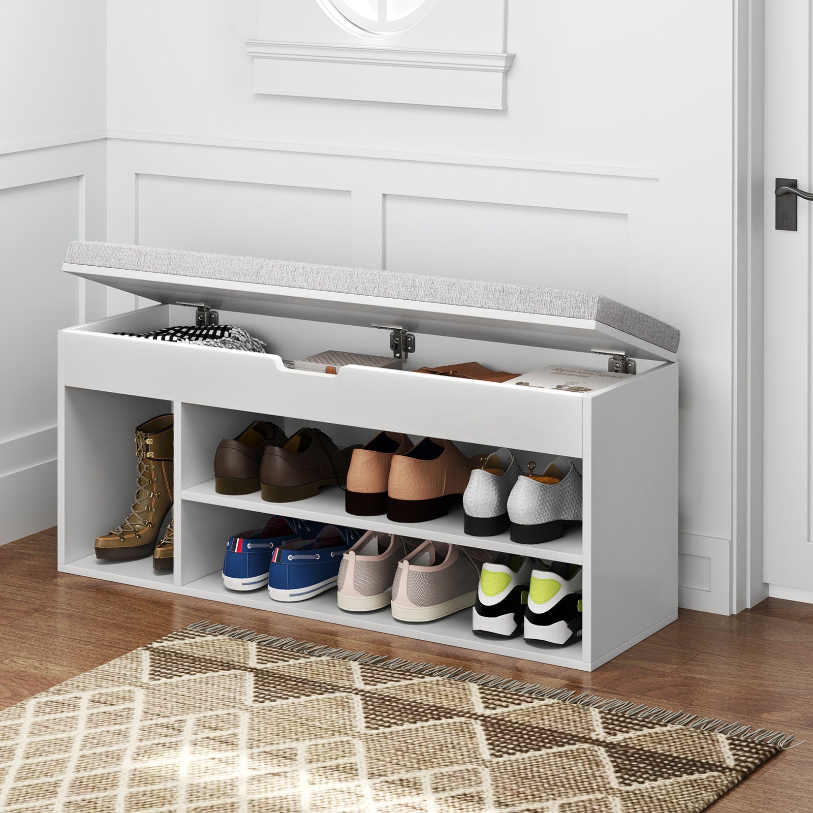 Shoe Bench with Padded Seat and Hidden Storage Home Entryway Shoes rack-White