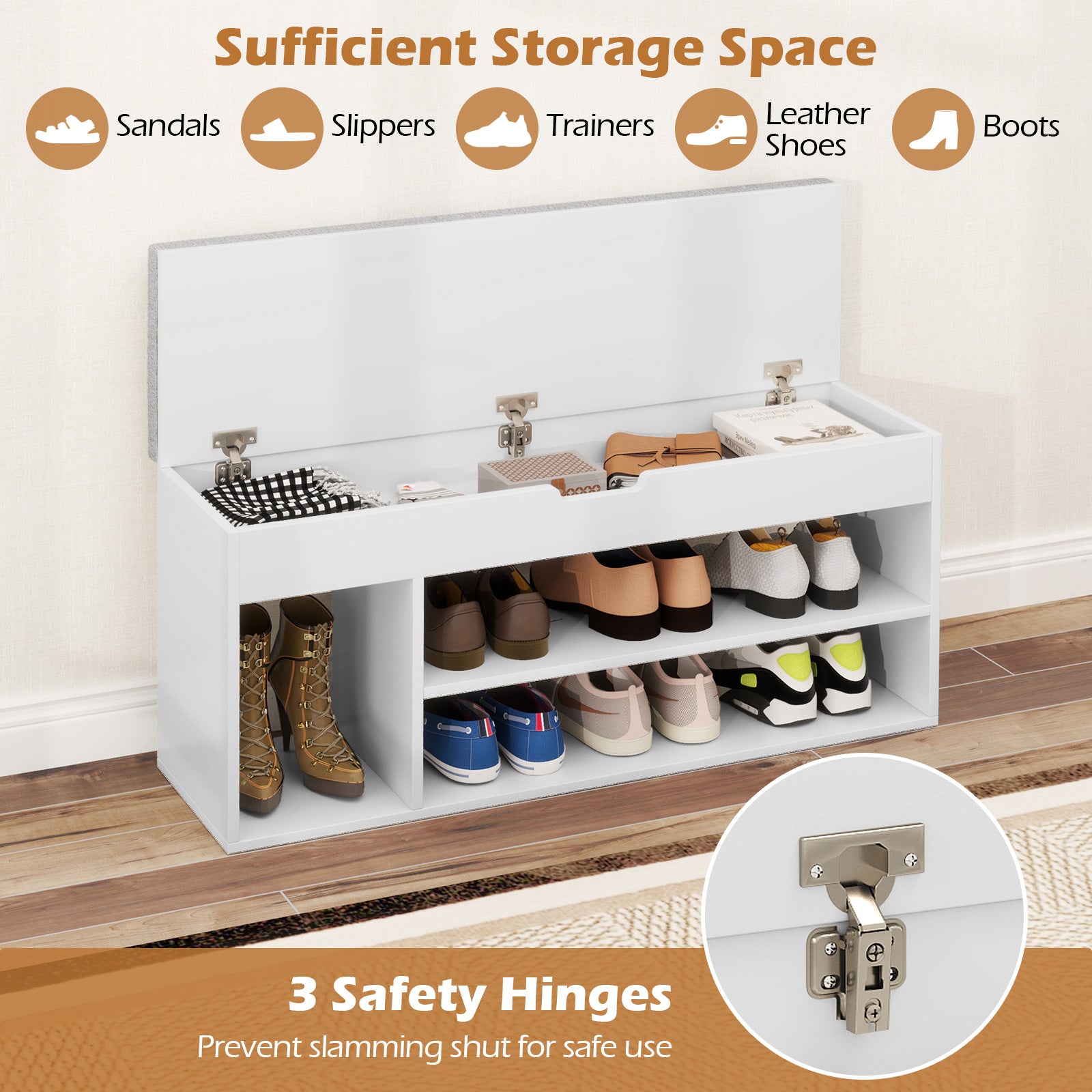 Shoe Bench with Padded Seat and Hidden Storage Home Entryway Shoes rack-White