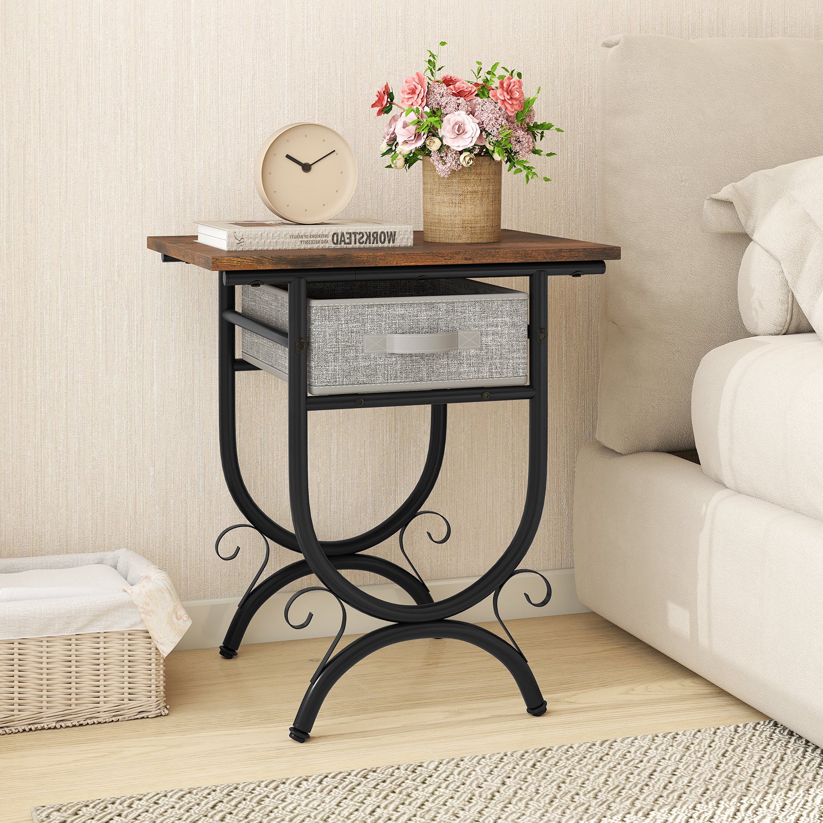 Side Table with Fabric Drawer and Carved Metal Frame