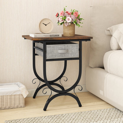 Side Table with Fabric Drawer and Carved Metal Frame