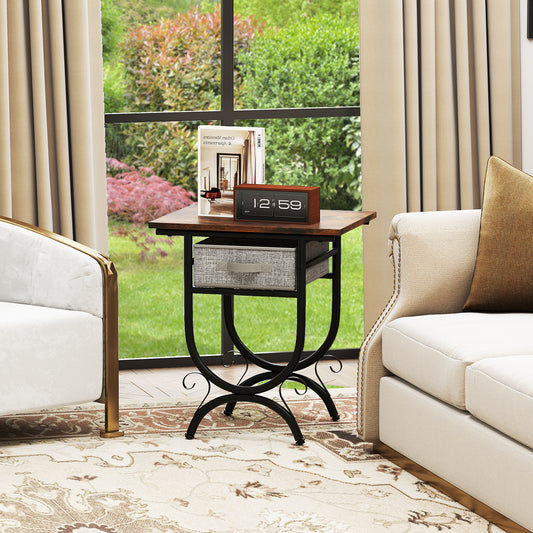 Side Table with Fabric Drawer and Carved Metal Frame