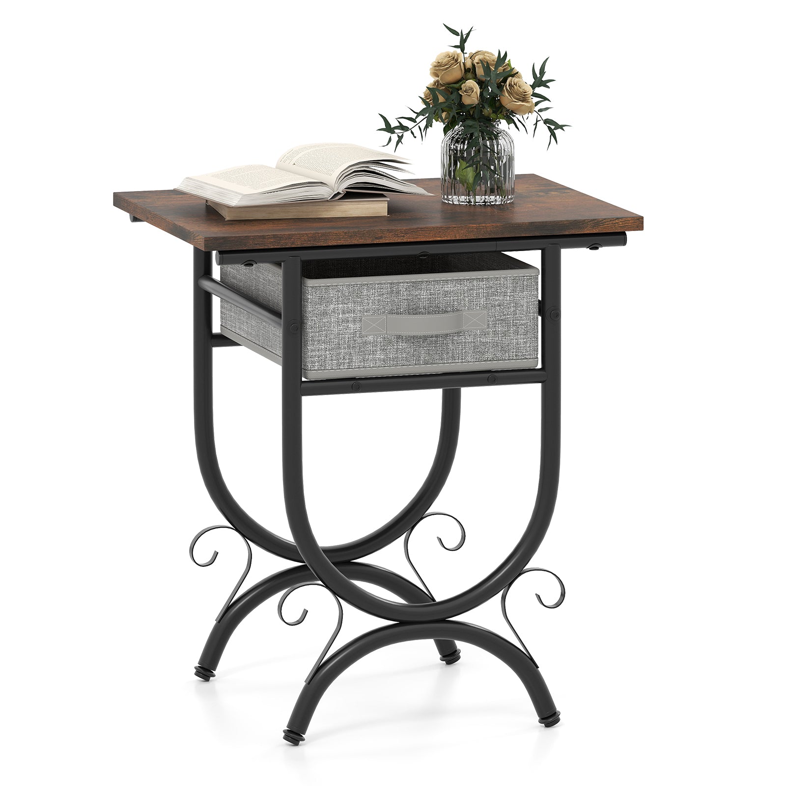 Side Table with Fabric Drawer and Carved Metal Frame