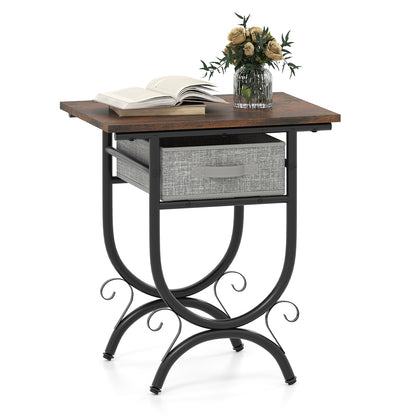 Side Table with Fabric Drawer and Carved Metal Frame