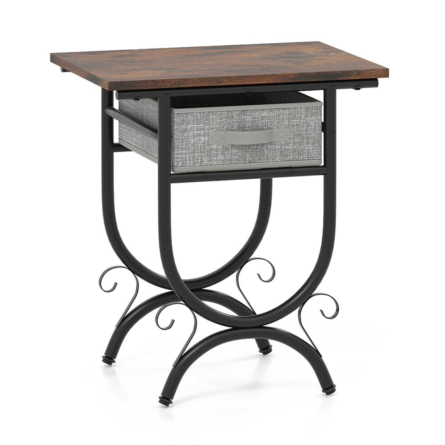 Side Table with Fabric Drawer and Carved Metal Frame