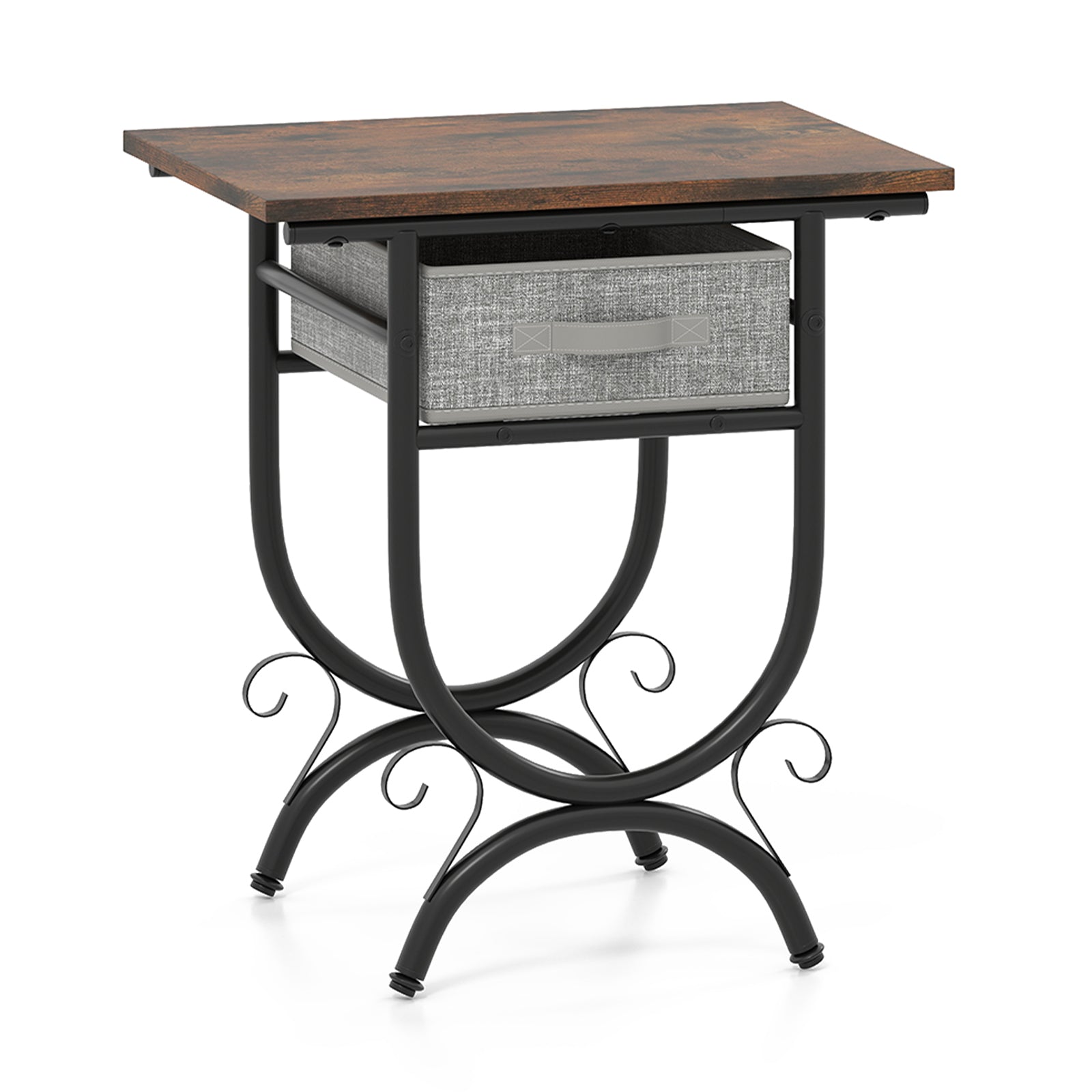 Side Table with Fabric Drawer and Carved Metal Frame