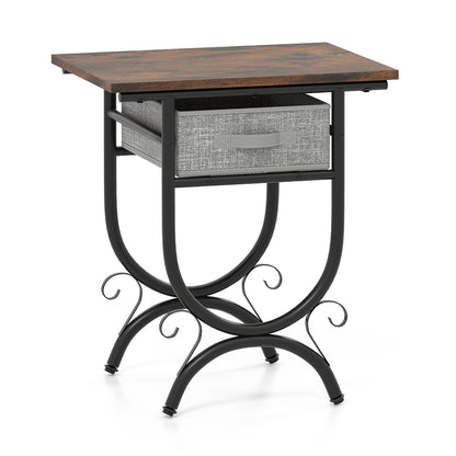 Side Table with Fabric Drawer and Carved Metal Frame