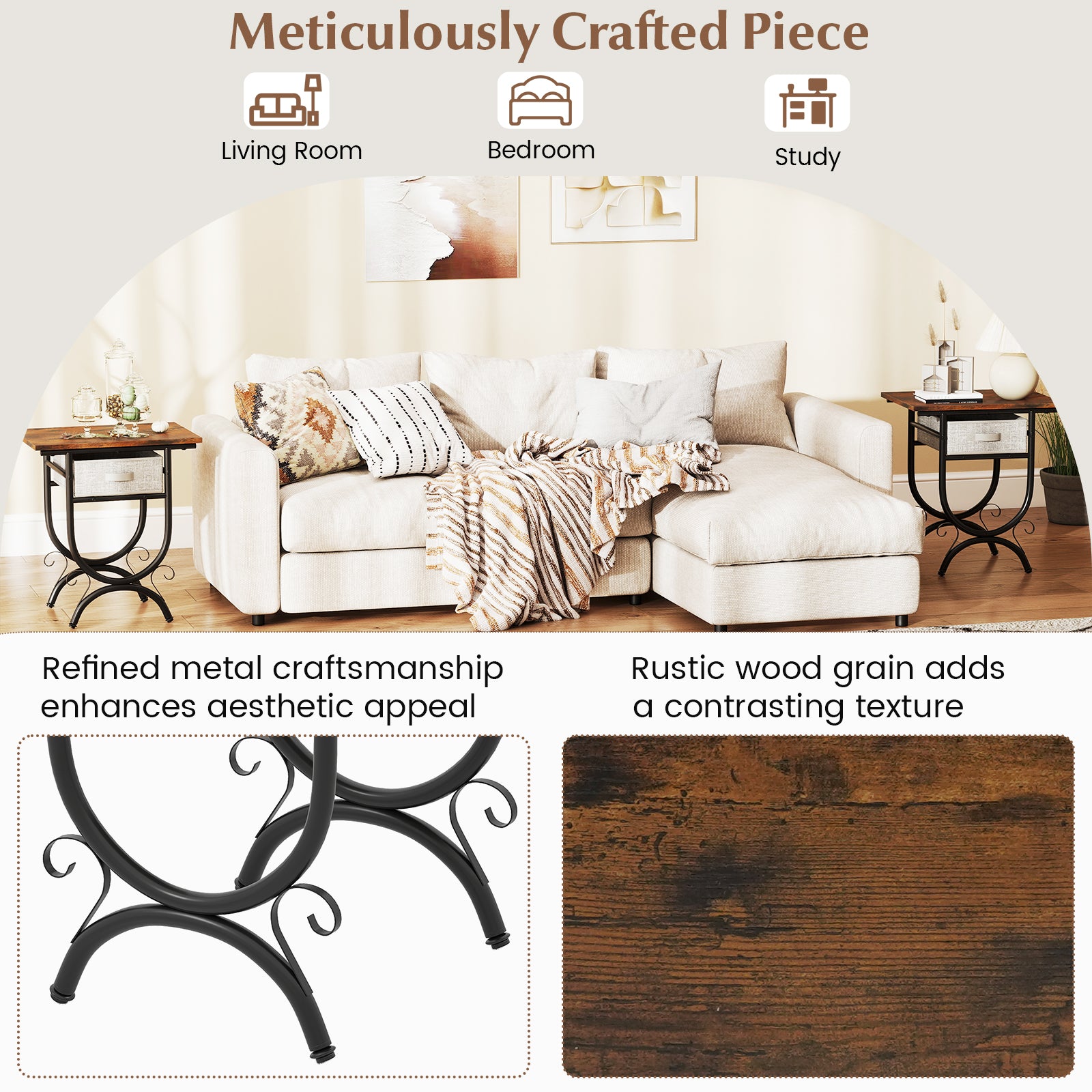 Side Table with Fabric Drawer and Carved Metal Frame
