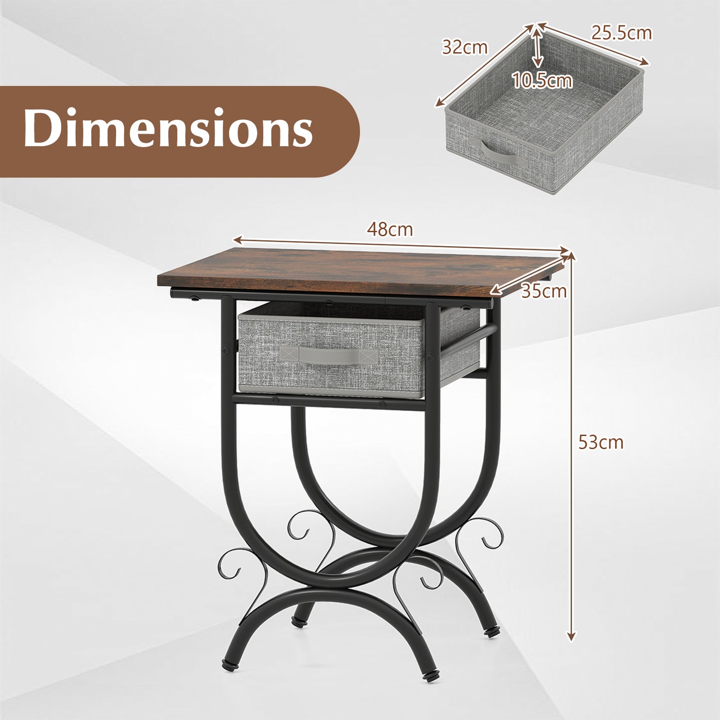 Side Table with Fabric Drawer and Carved Metal Frame
