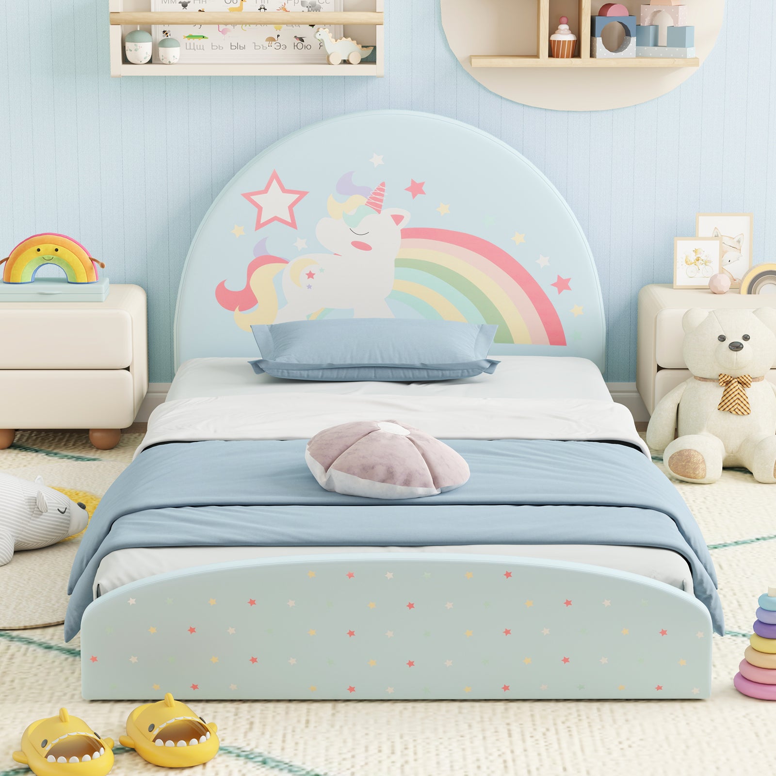 Single Floor Bed Frame Upholstered Twin Size Kids Floor Bed for 3+ Kids-Blue