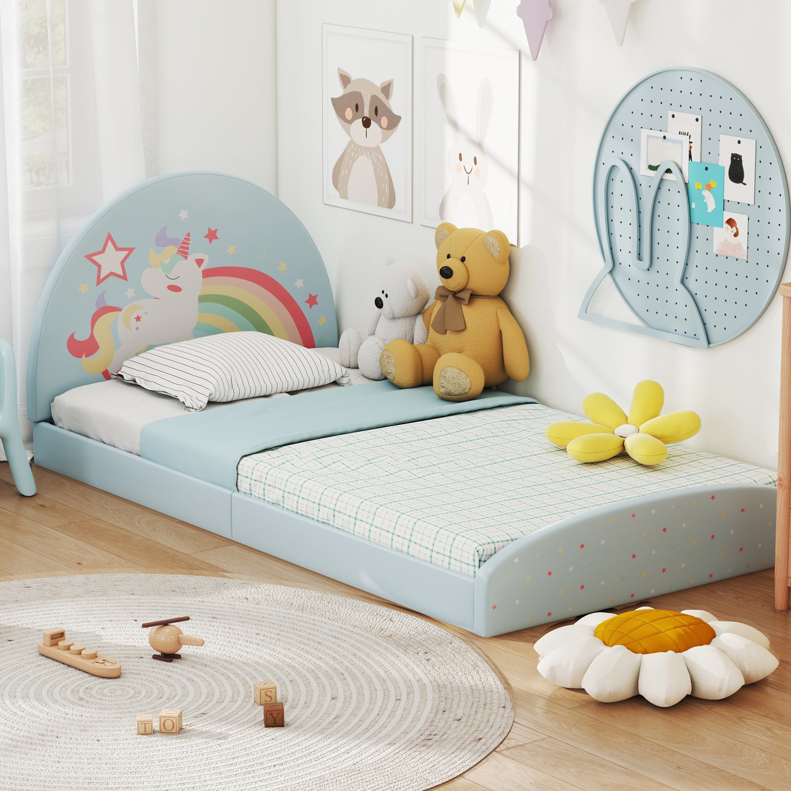 Single Floor Bed Frame Upholstered Twin Size Kids Floor Bed for 3+ Kids-Blue
