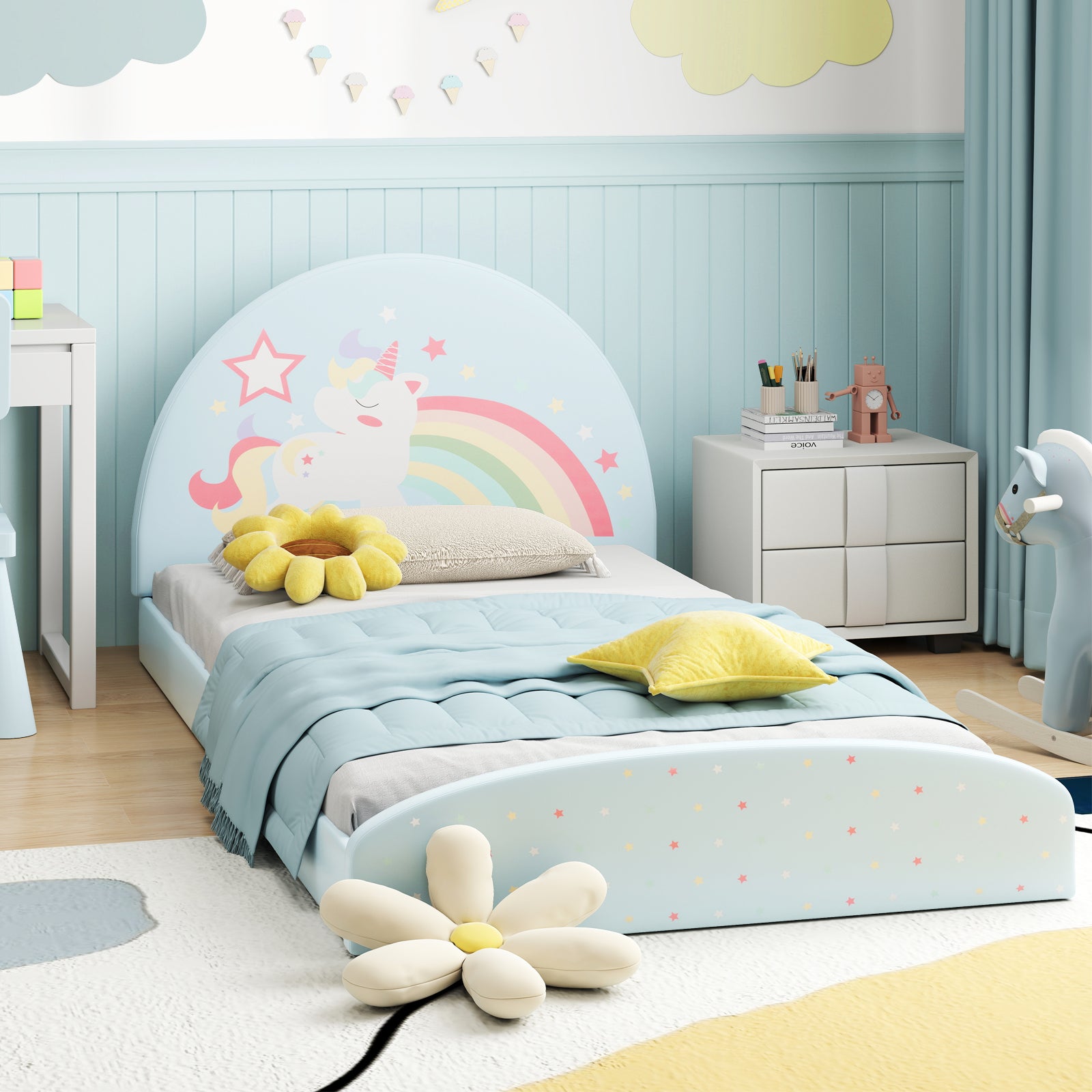 Single Floor Bed Frame Upholstered Twin Size Kids Floor Bed for 3+ Kids-Blue