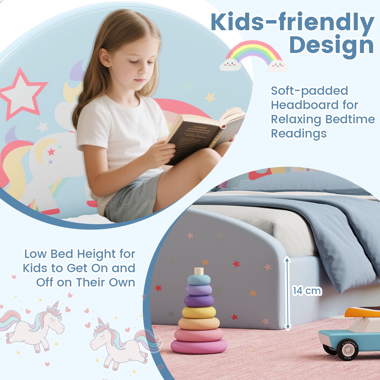 Single Floor Bed Frame Upholstered Twin Size Kids Floor Bed for 3+ Kids-Blue