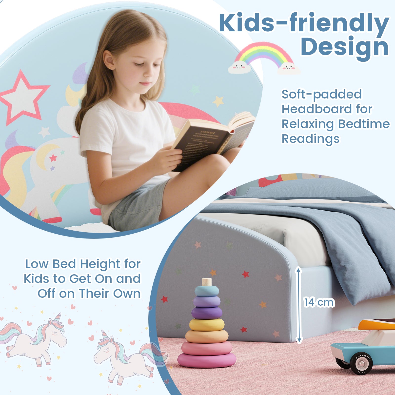 Single Floor Bed Frame Upholstered Twin Size Kids Floor Bed for 3+ Kids-Blue