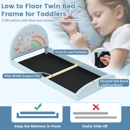 Single Floor Bed Frame Upholstered Twin Size Kids Floor Bed for 3+ Kids-Blue