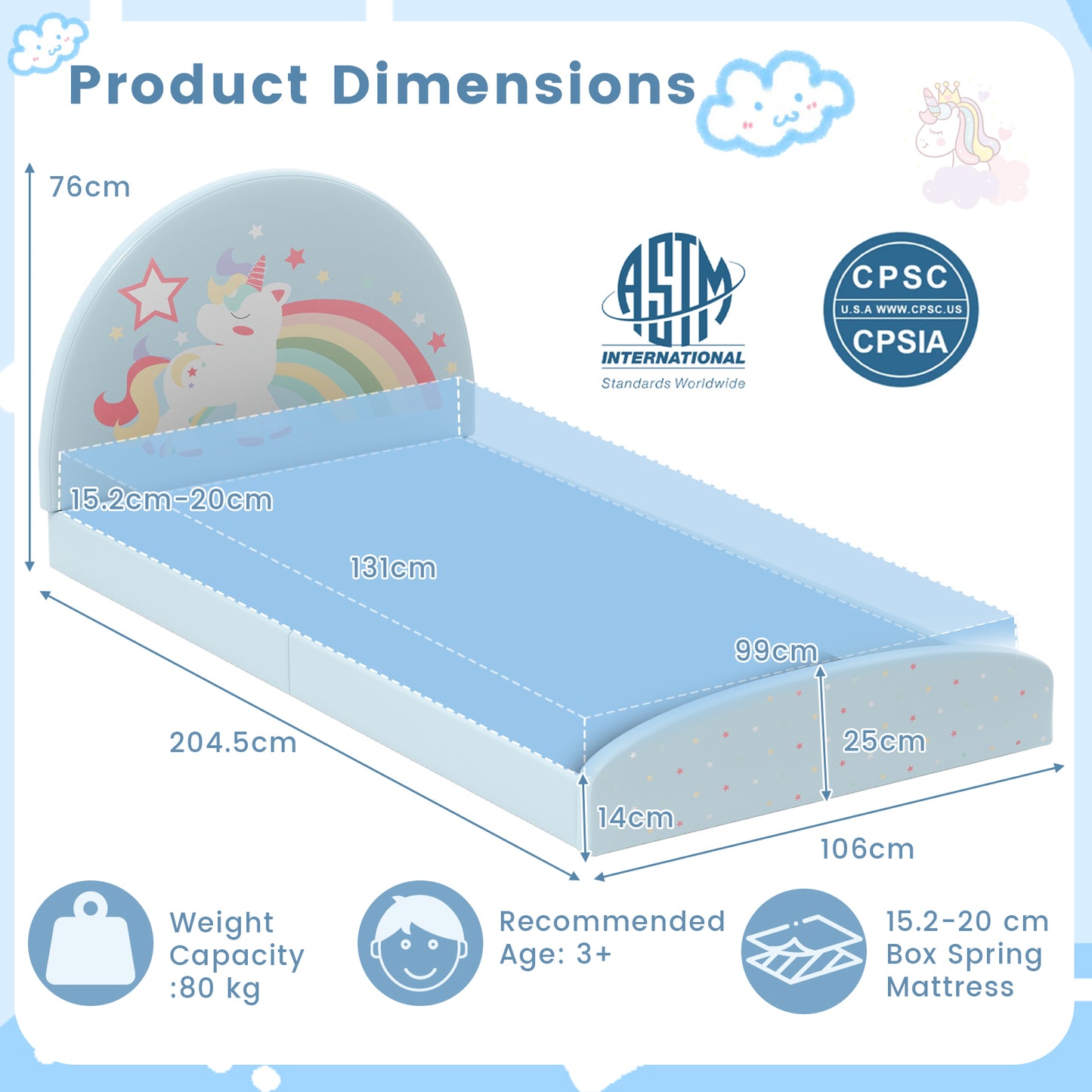 Single Floor Bed Frame Upholstered Twin Size Kids Floor Bed for 3+ Kids-Blue