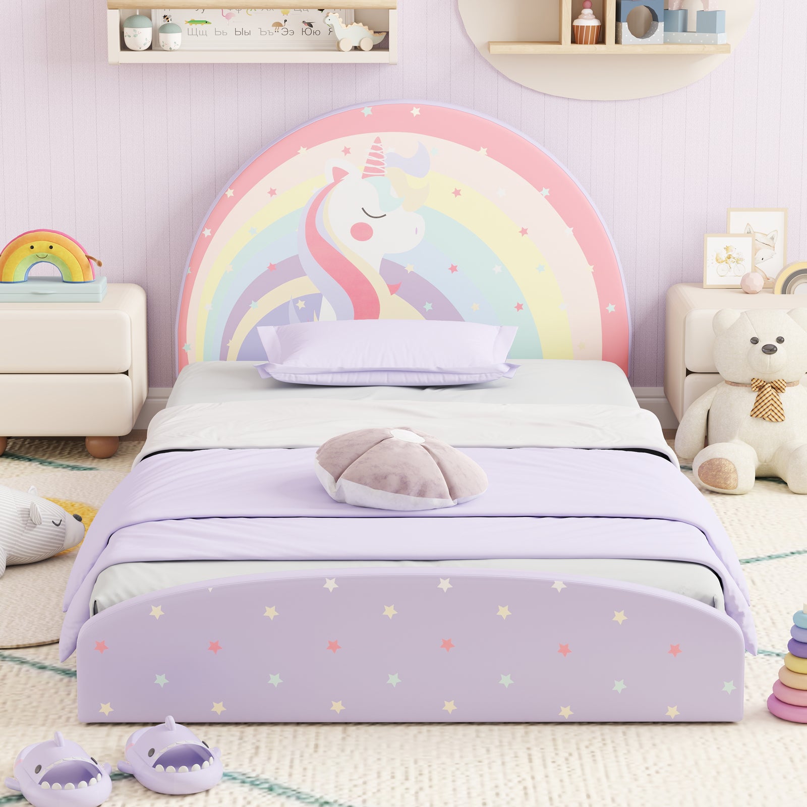 Single Floor Bed Frame Upholstered Twin Size Kids Floor Bed for 3+ Kids-Purple