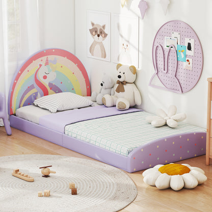 Single Floor Bed Frame Upholstered Twin Size Kids Floor Bed for 3+ Kids-Purple