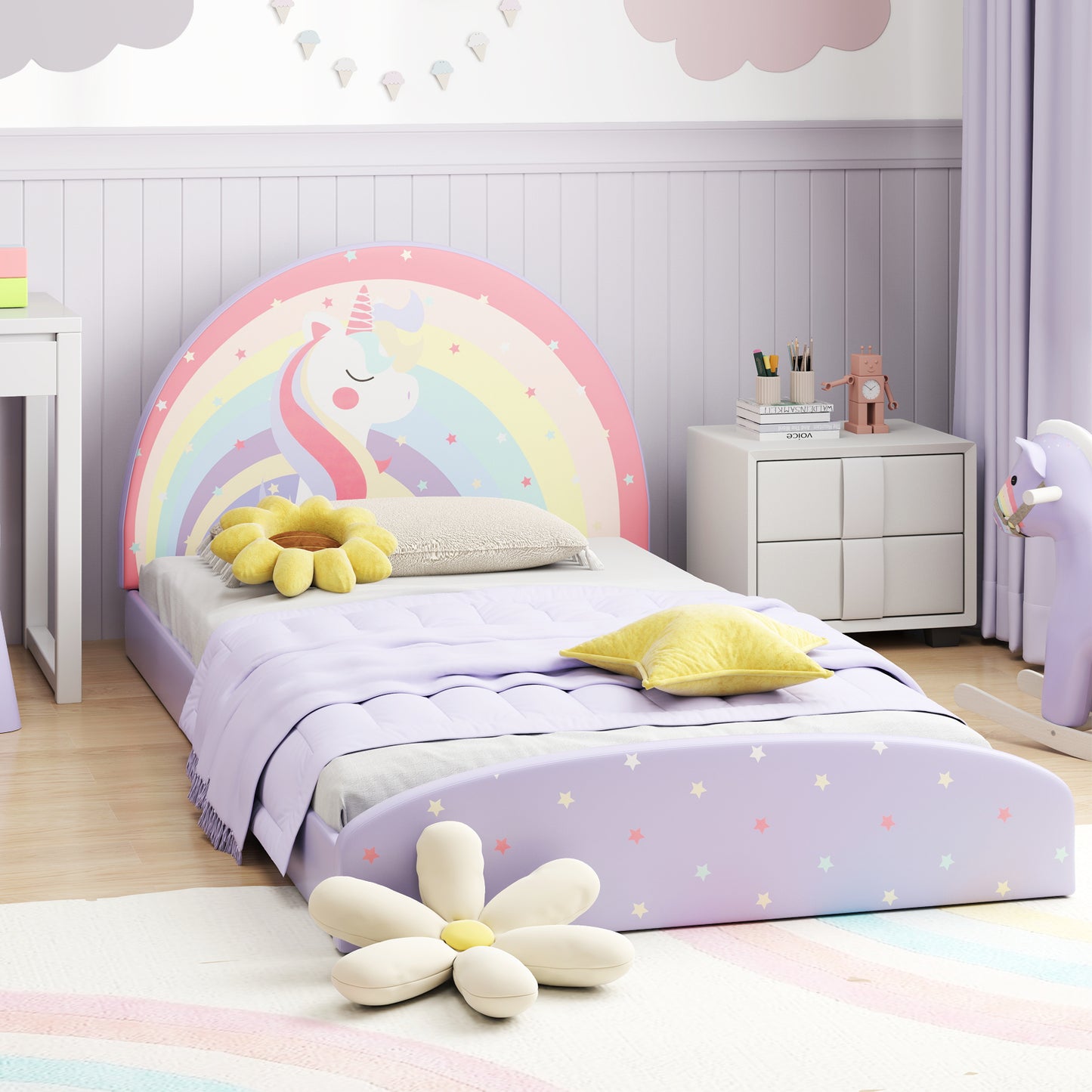 Single Floor Bed Frame Upholstered Twin Size Kids Floor Bed for 3+ Kids-Purple