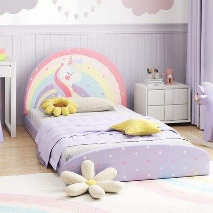 Single Floor Bed Frame Upholstered Twin Size Kids Floor Bed for 3+ Kids-Purple
