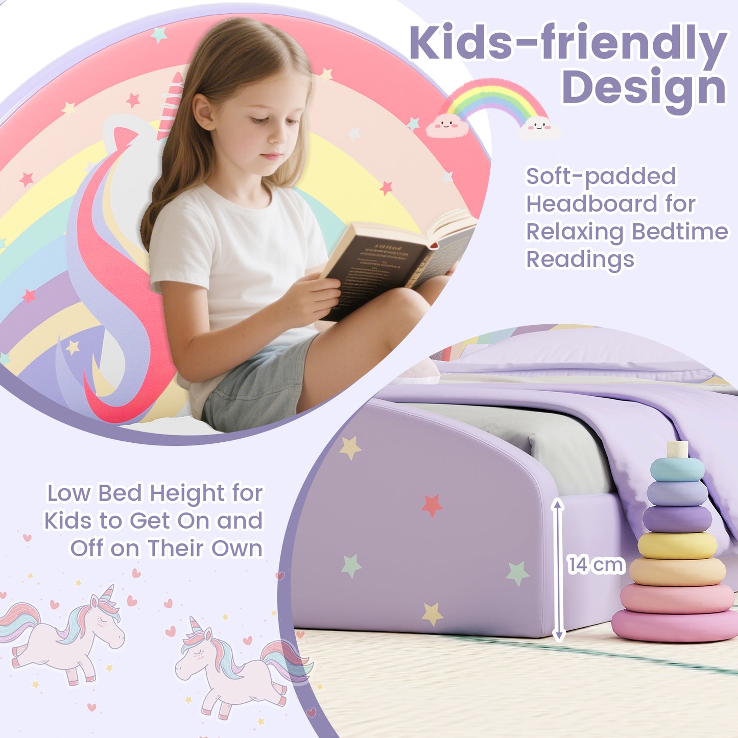Single Floor Bed Frame Upholstered Twin Size Kids Floor Bed for 3+ Kids-Purple