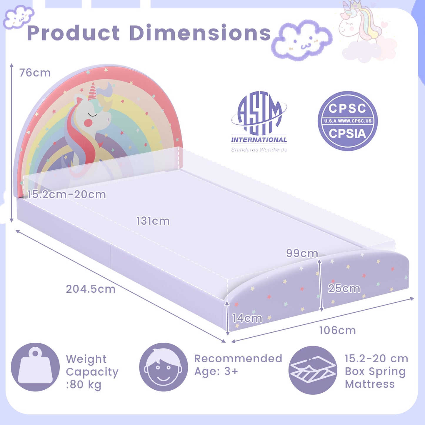 Single Floor Bed Frame Upholstered Twin Size Kids Floor Bed for 3+ Kids-Purple