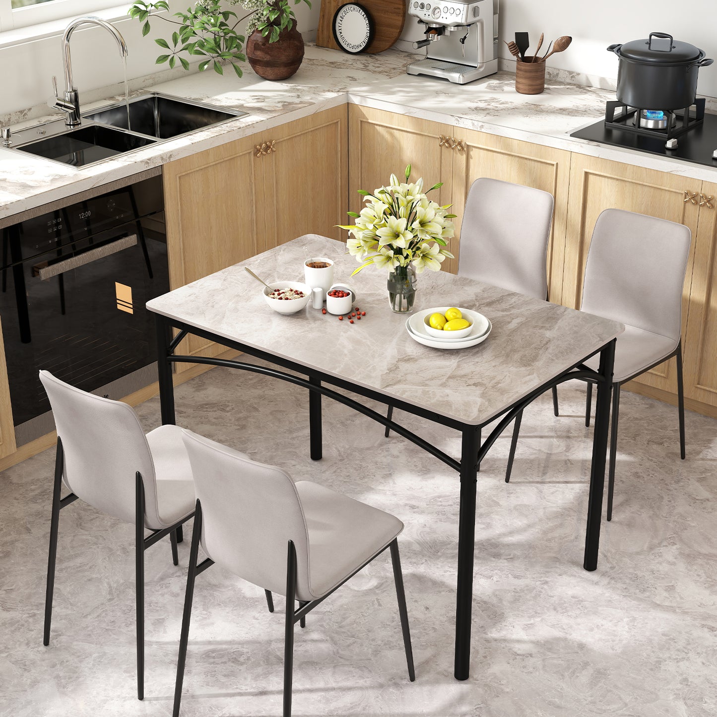 Sintered Stone Dining Table for 4 People with Faux Marble Tabletop and Metal Legs-Grey