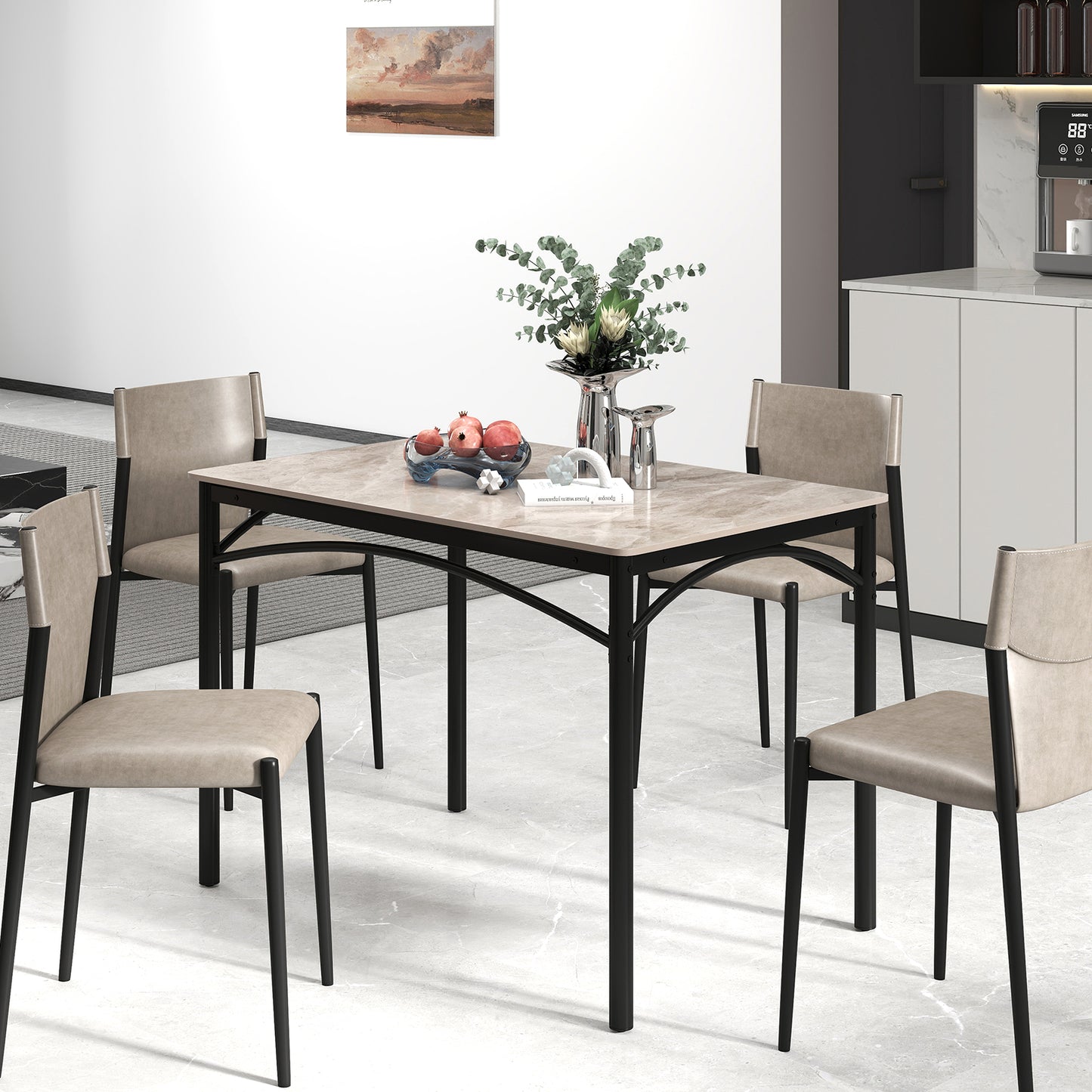 Sintered Stone Dining Table for 4 People with Faux Marble Tabletop and Metal Legs-Grey