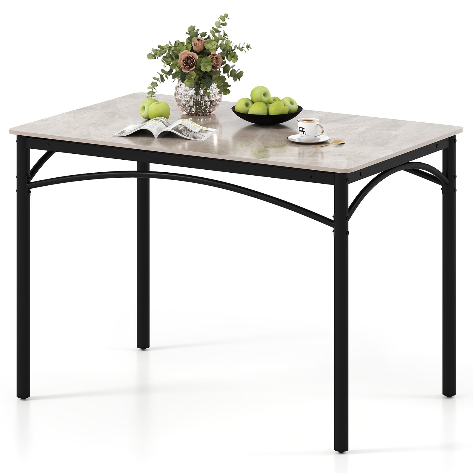 Sintered Stone Dining Table for 4 People with Faux Marble Tabletop and Metal Legs-Grey