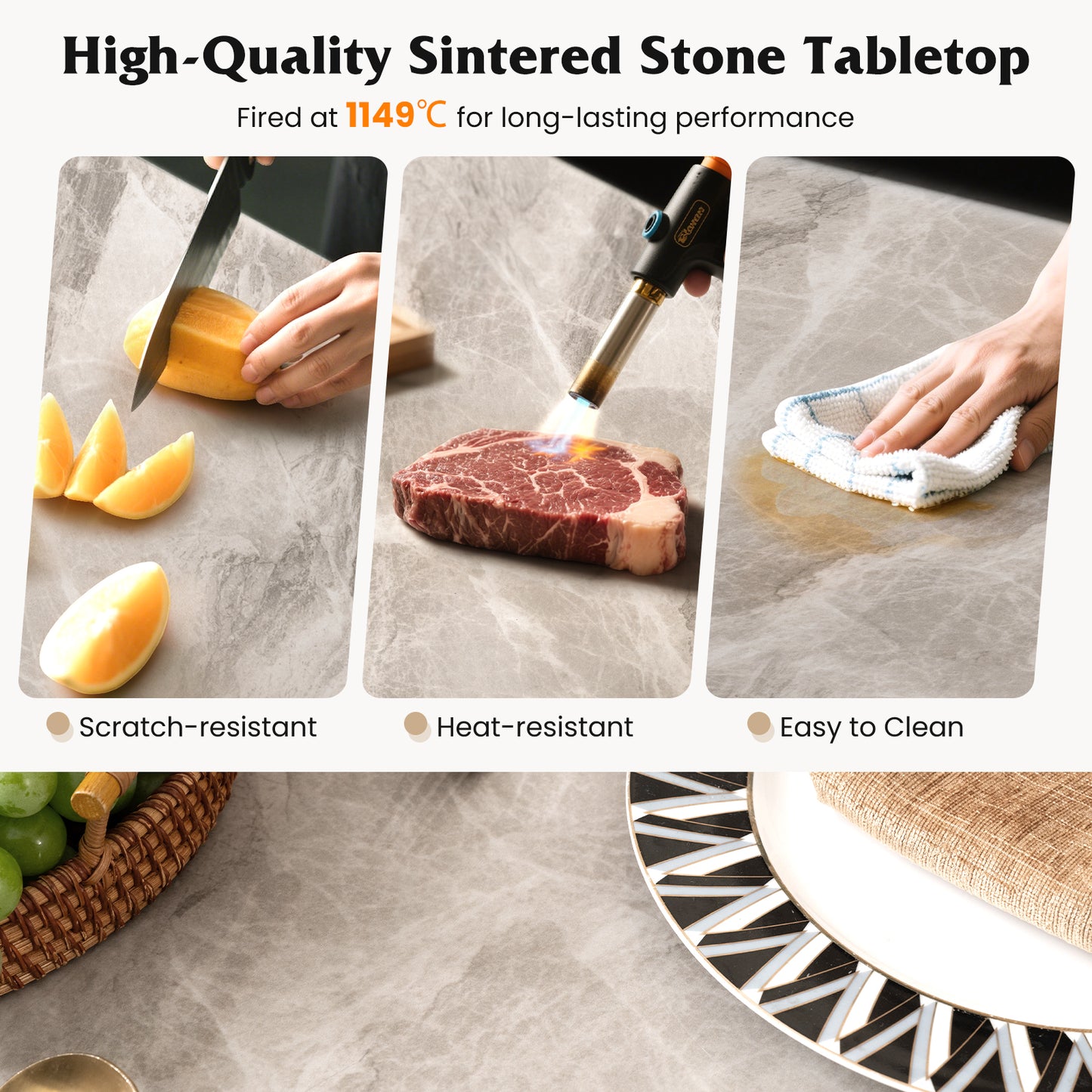 Sintered Stone Dining Table for 4 People with Faux Marble Tabletop and Metal Legs-Grey