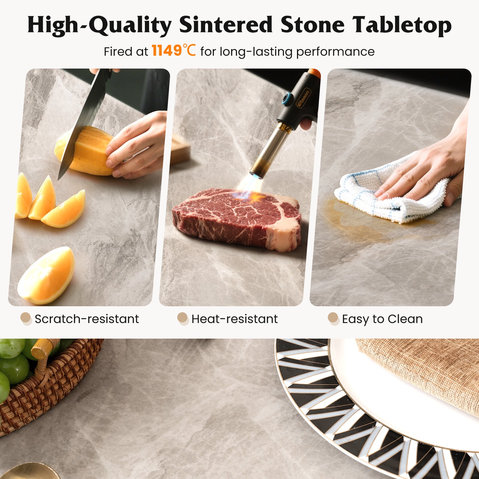 Sintered Stone Dining Table for 4 People with Faux Marble Tabletop and Metal Legs-Grey