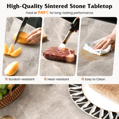 Sintered Stone Dining Table for 4 People with Faux Marble Tabletop and Metal Legs-Grey