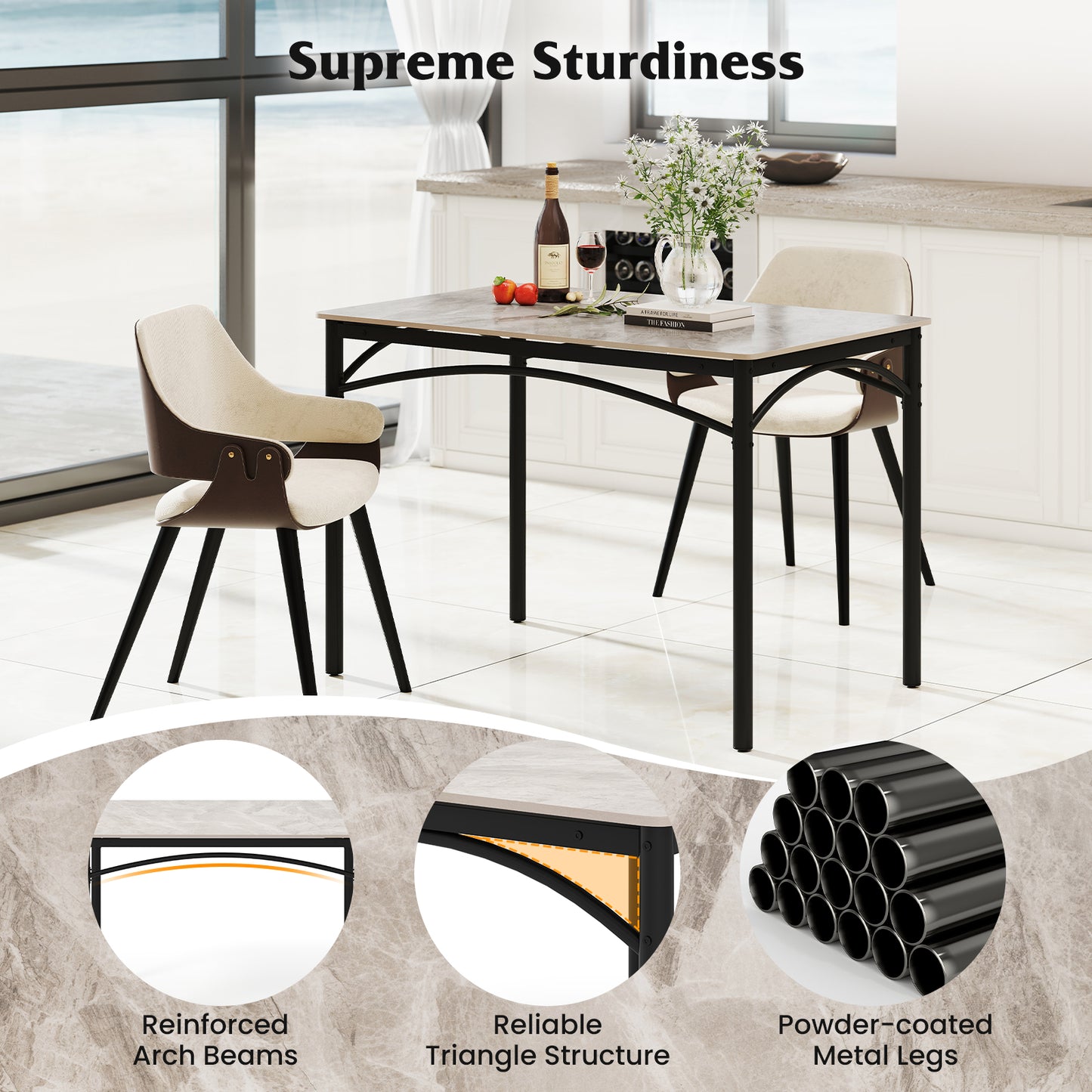 Sintered Stone Dining Table for 4 People with Faux Marble Tabletop and Metal Legs-Grey