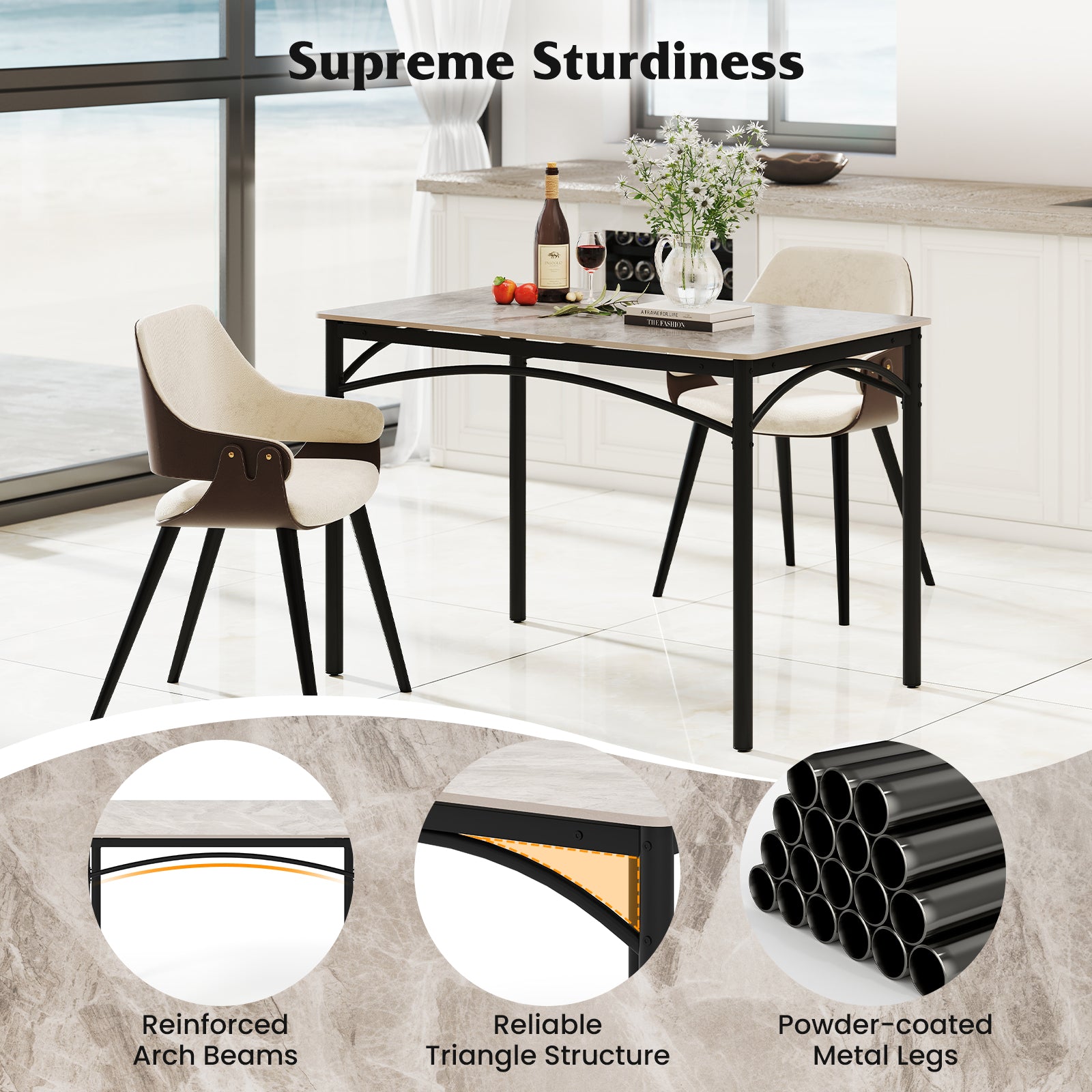 Sintered Stone Dining Table for 4 People with Faux Marble Tabletop and Metal Legs-Grey