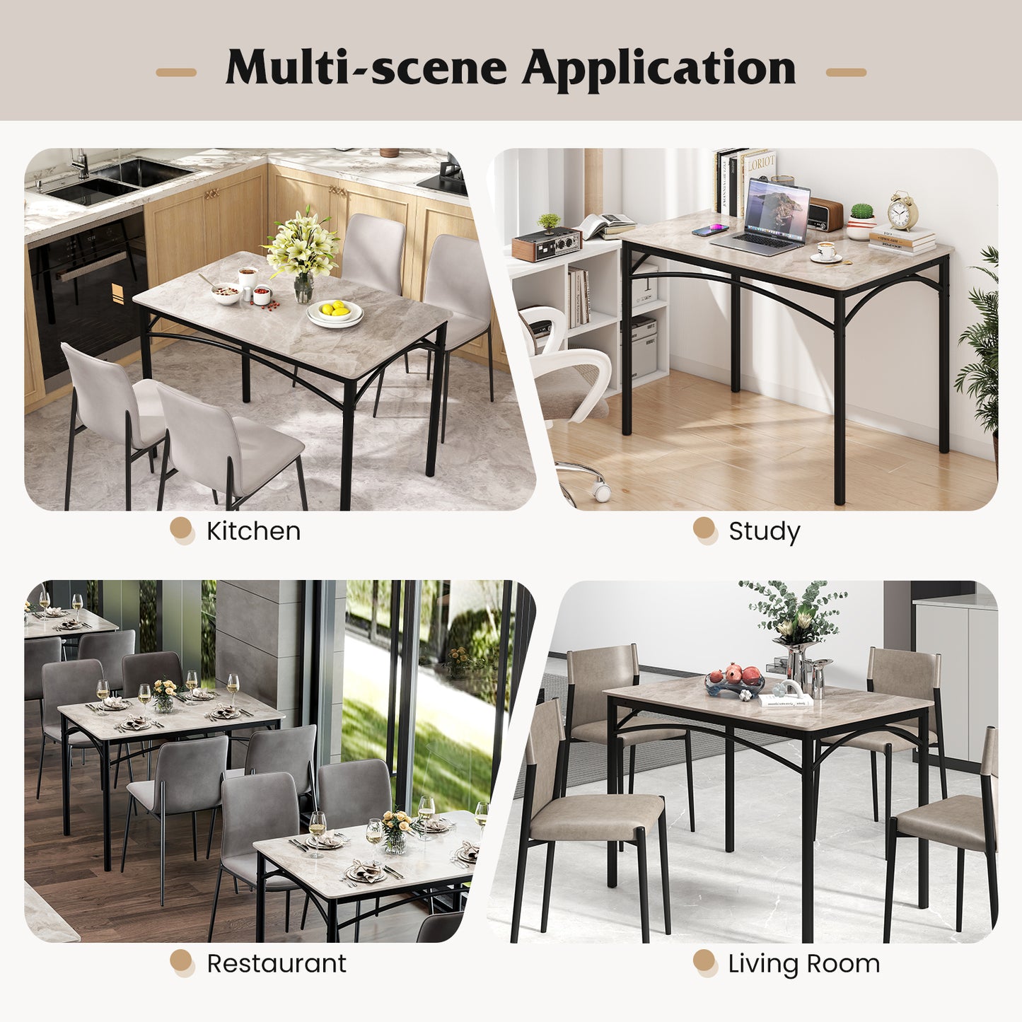 Sintered Stone Dining Table for 4 People with Faux Marble Tabletop and Metal Legs-Grey