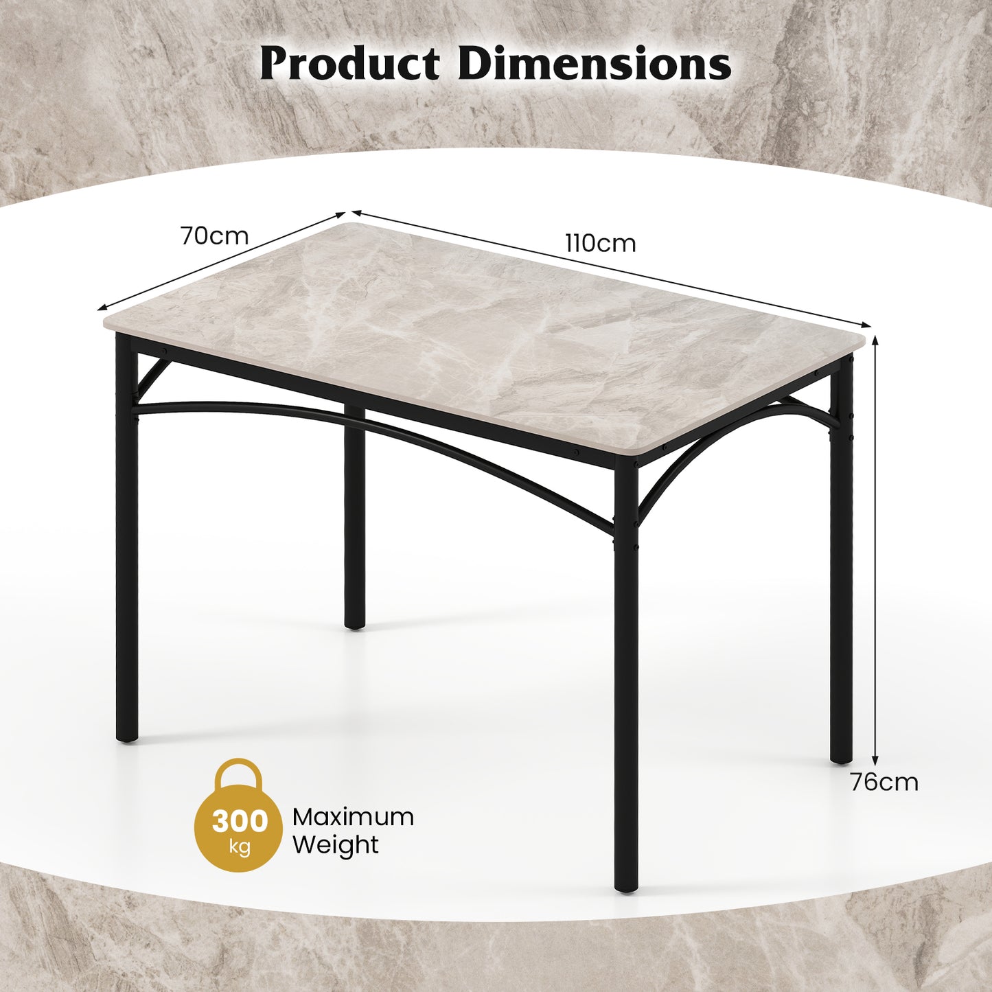 Sintered Stone Dining Table for 4 People with Faux Marble Tabletop and Metal Legs-Grey