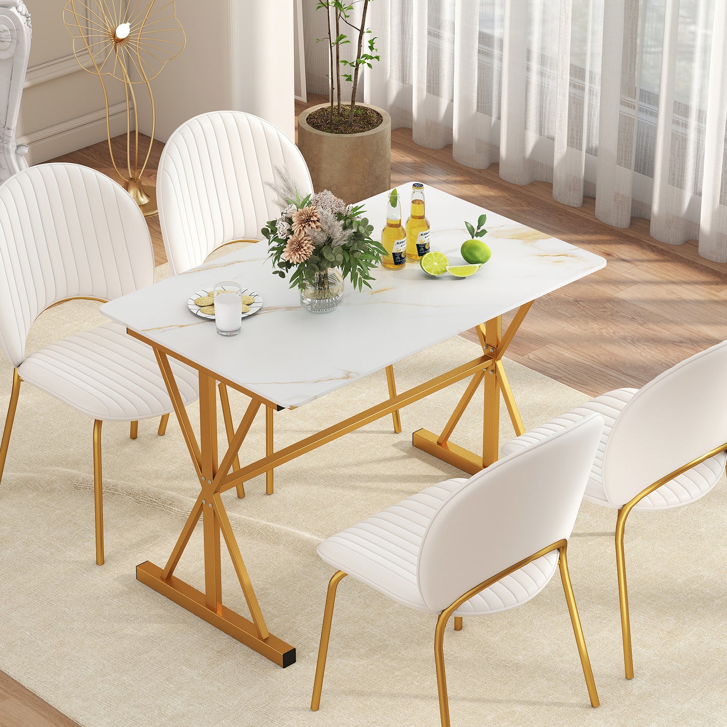 Sintered Stone Dining Table Rectangular Kitchen Table with Metal Frame-Golden
