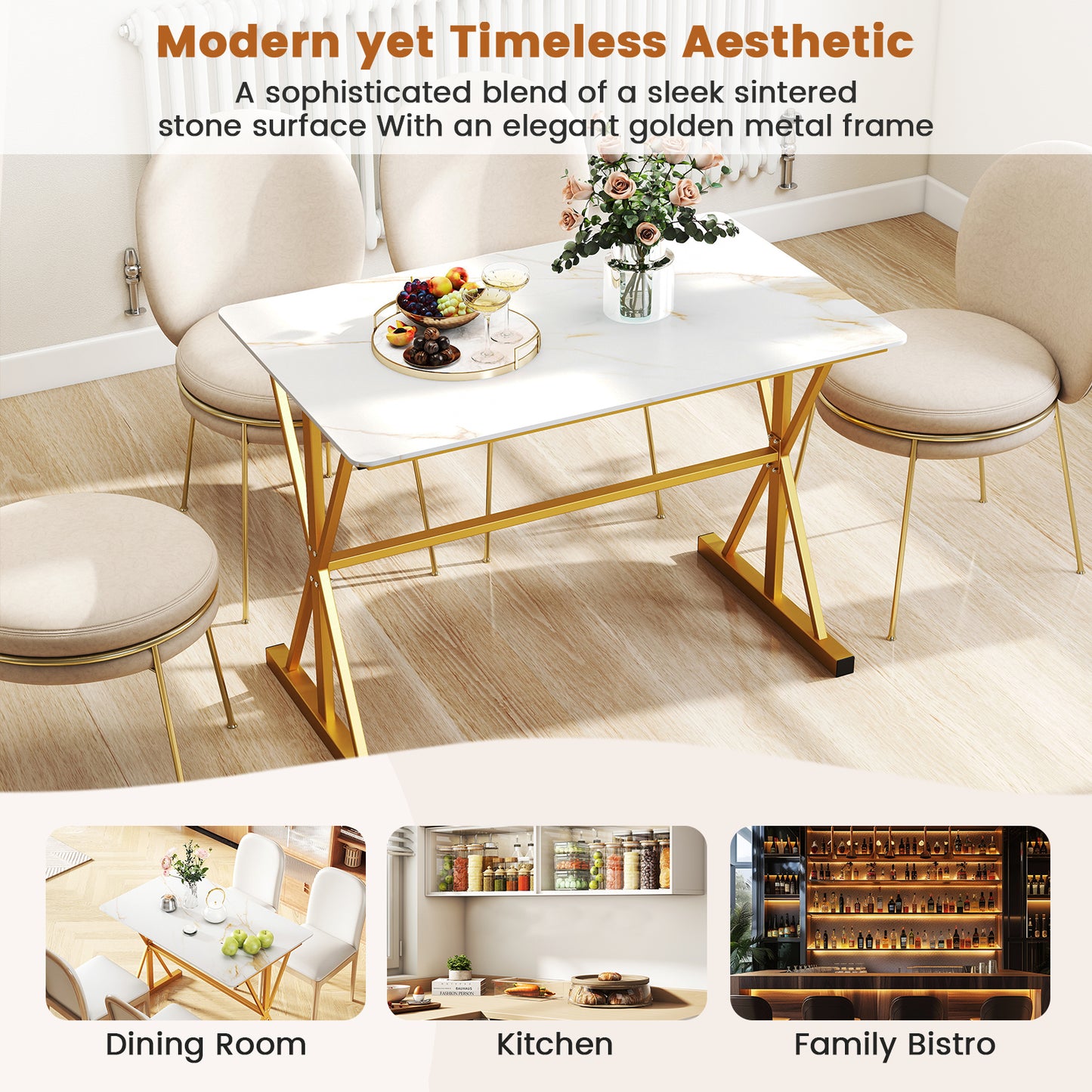 Sintered Stone Dining Table Rectangular Kitchen Table with Metal Frame-Golden