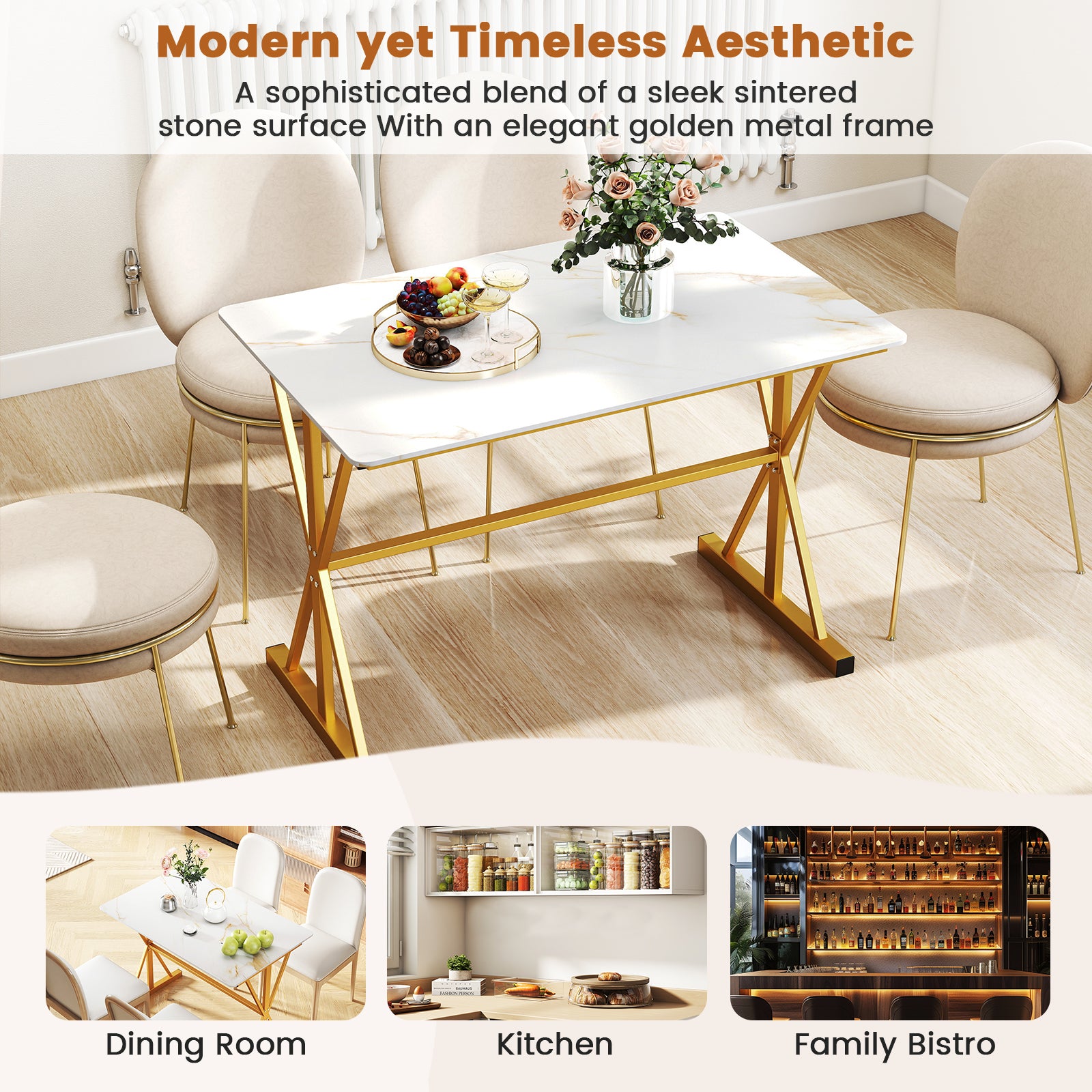 Sintered Stone Dining Table Rectangular Kitchen Table with Metal Frame-Golden