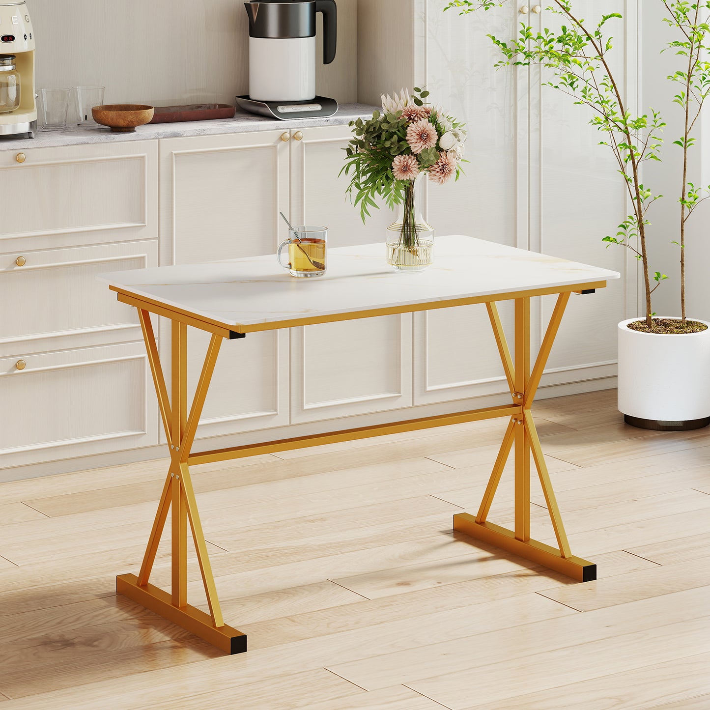 Sintered Stone Dining Table Rectangular Kitchen Table with Metal Frame-Golden