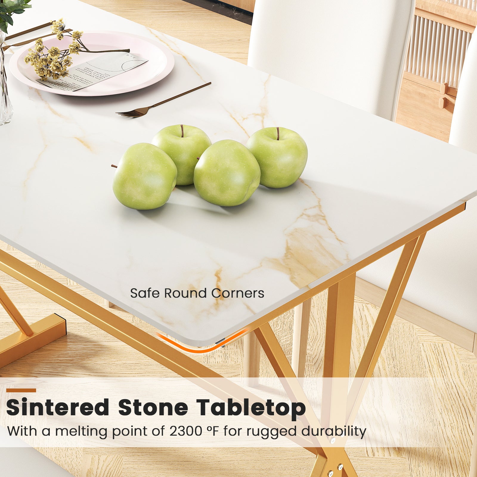 Sintered Stone Dining Table Rectangular Kitchen Table with Metal Frame-Golden