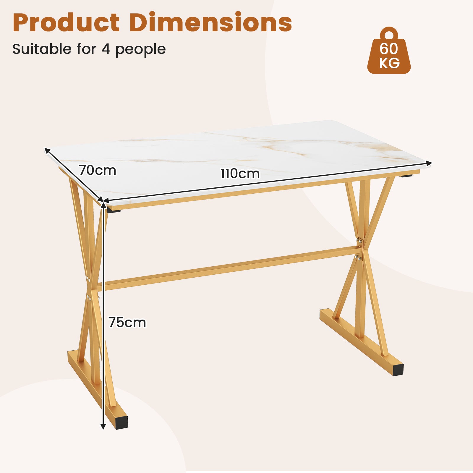 Sintered Stone Dining Table Rectangular Kitchen Table with Metal Frame-Golden