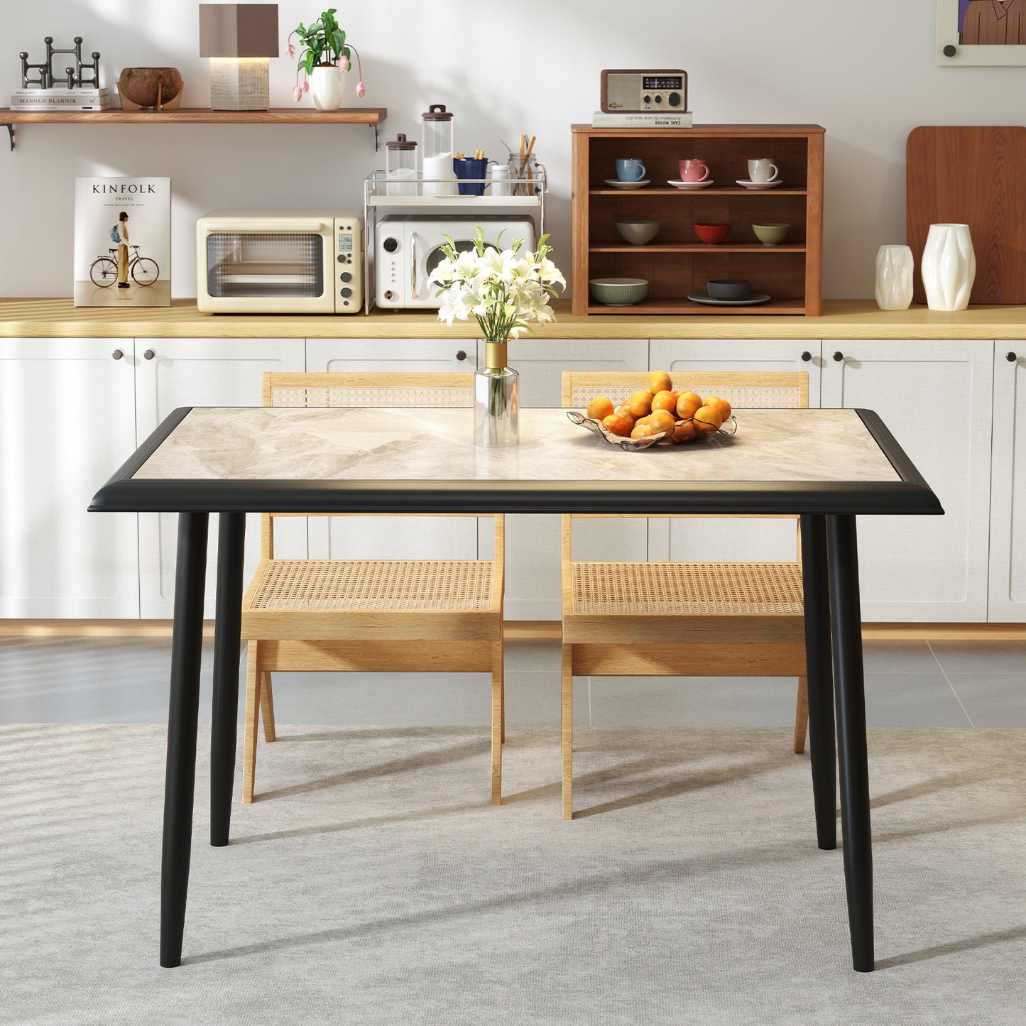 Sintered Stone Dining Table Rectangular Kitchen Table with Metal Frame-Grey
