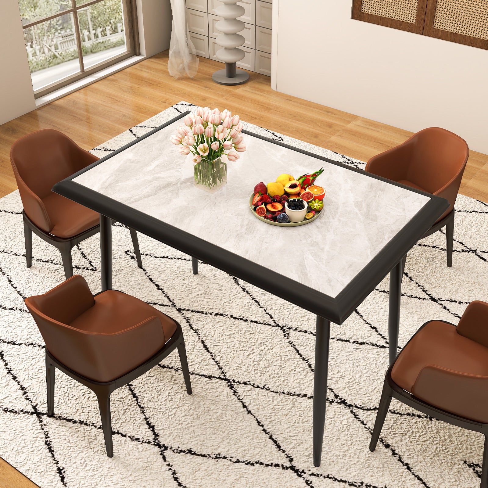 Sintered Stone Dining Table Rectangular Kitchen Table with Metal Frame-Grey