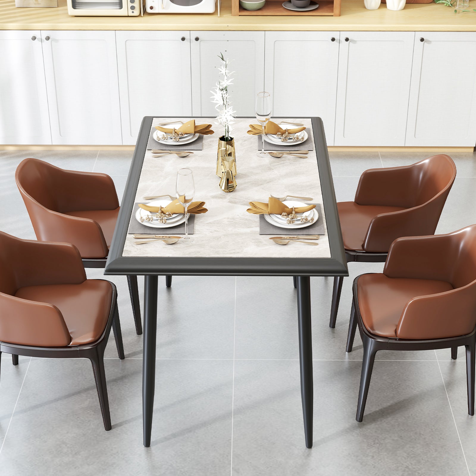Sintered Stone Dining Table Rectangular Kitchen Table with Metal Frame-Grey
