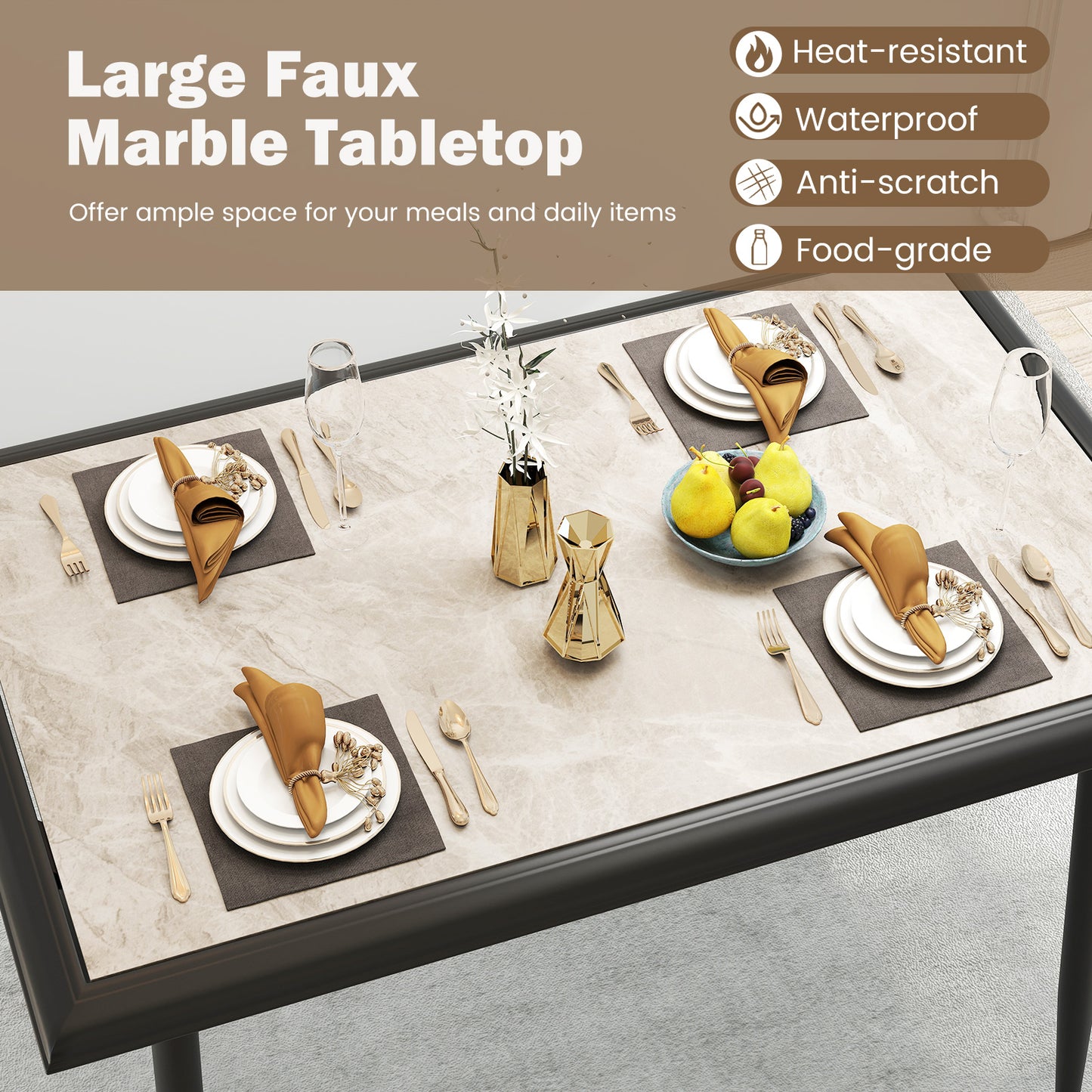 Sintered Stone Dining Table Rectangular Kitchen Table with Metal Frame-Grey