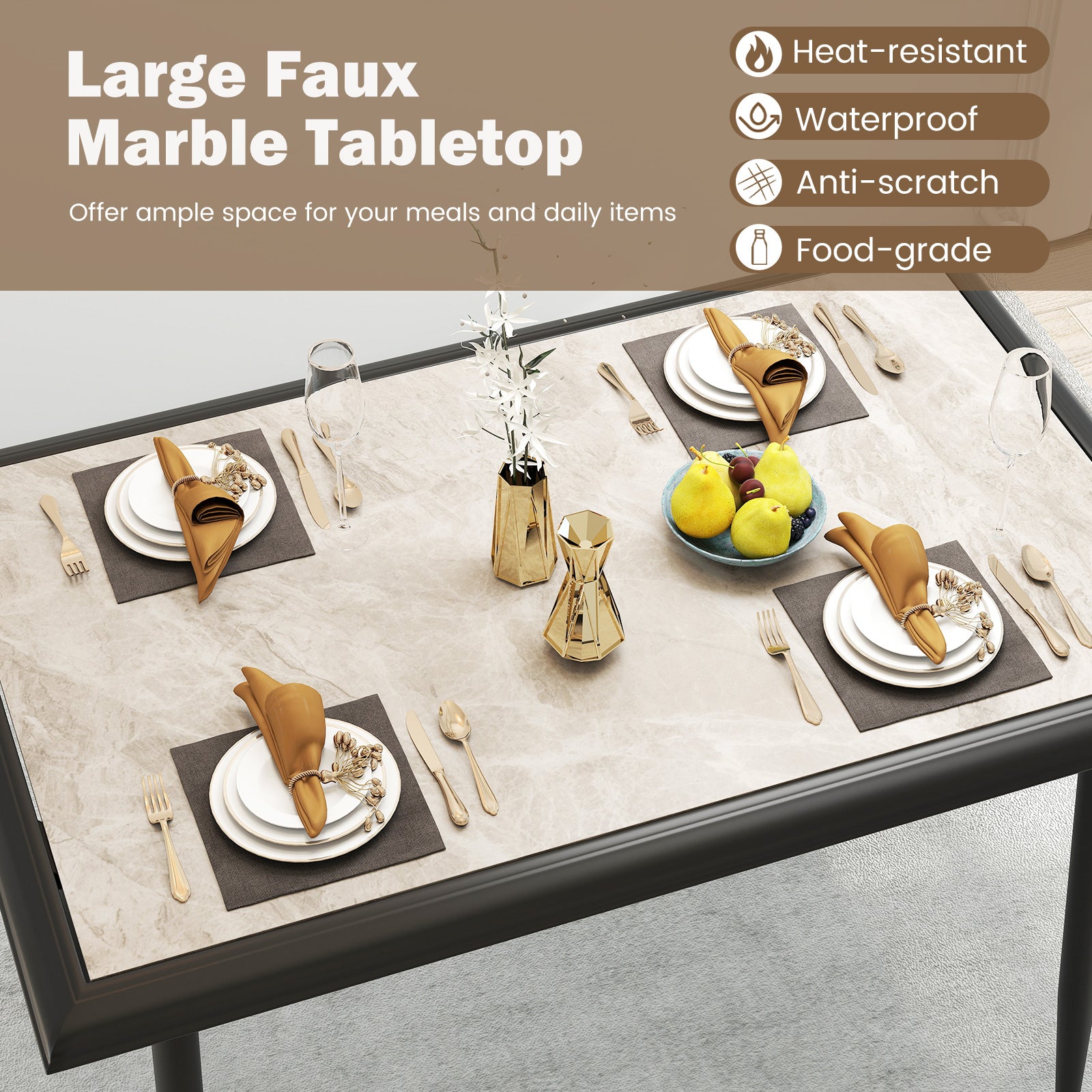 Sintered Stone Dining Table Rectangular Kitchen Table with Metal Frame-Grey
